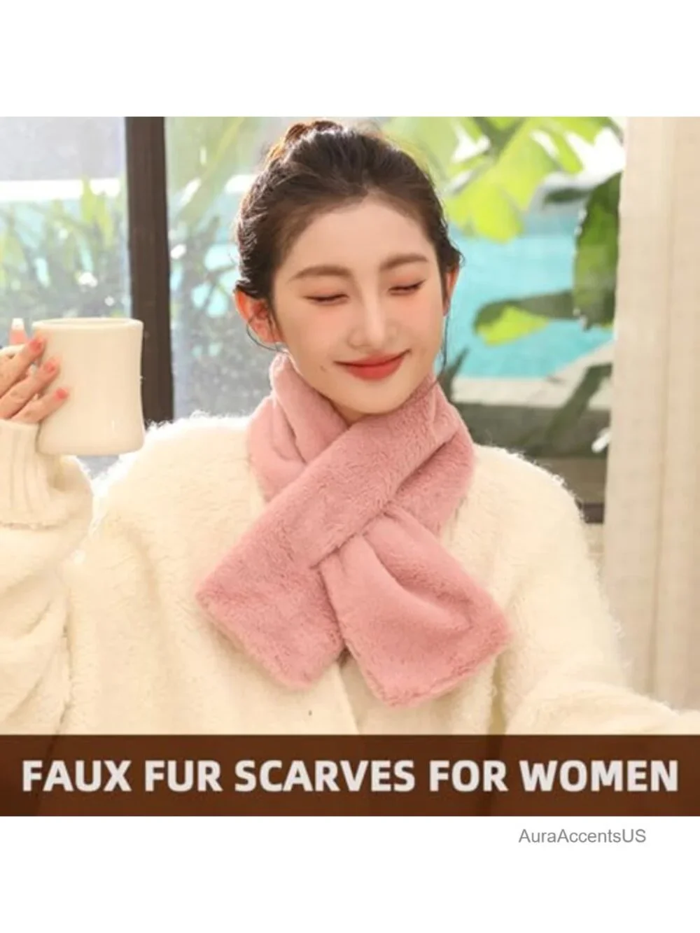 Faux Fur Collar Scarf for Women, Neck Warmer with Loophole Design